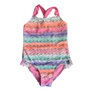 Breaking Waves Little Girl One Piece Wave Print Pink Blue Orange Swimsuit Size 5